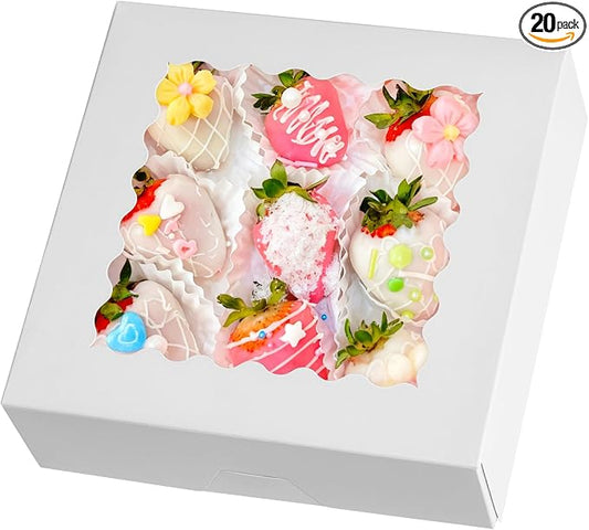ZORRITA Pie Boxes with Window, 8" x 8" x 2.5", 20 Pack, White | Auto Pop-up, Bakery Boxes, For Chocolate Covered Strawberry, Cookies, Treats, Pastry, Donuts, Muffins