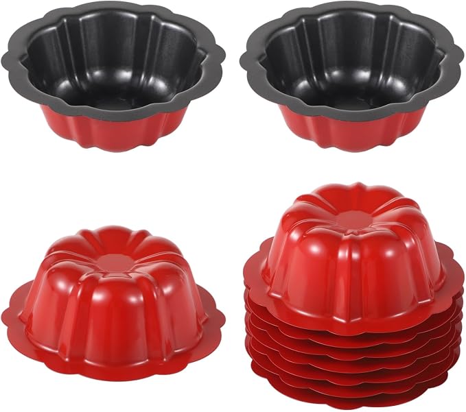Homaisson 10PCS Mini Fluted Tube Pan, 4.5Inch Carbon Steel Mini Cake Molds, Nonstick Reusable Oven Baking Mold for Cupcake, Bread, Bavarois, Brownie (red)