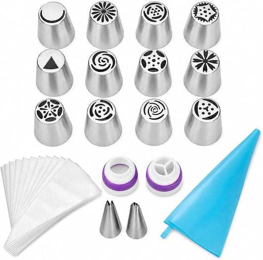 27 PCS Russian Piping Tips Set with Pastry Bags and Couplers, Stainless Steel Flower Piping Tips for Cake Decorating, Flower Icing Tips and Frosting Nozzles for Cupcakes, Cookies and Desserts