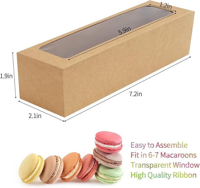 NPLUX 25 Pack Macaron Boxes for 5-7 Macarons Strawberry Boxes Macaron Container Packaging Boxes with Ribbon for Candy Sweet Gift Giving, Graduation Gifts Party Favors(Brown)