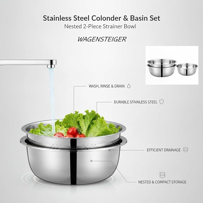 2-Piece Stainless Steel Colander and Bowl Set, Nested Strainer for Washing Veggies, Draining Pasta, and Food Prep (Silver)