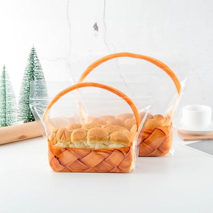 50 pcs 9 Inch Large Clear Bread Plastic Bags with Handle, Sealing Zipper Loaf Packaging with Basket Pattern for Homemade Bread Cookie, Bakery Cafe