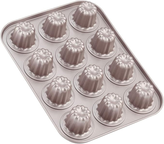 CHEFMADE Mini Canele Mold Cake Pan, 12-Cavity Non-Stick Mini Canele Muffin Bakeware Cupcake Pan for Oven Baking (Champagne Gold)