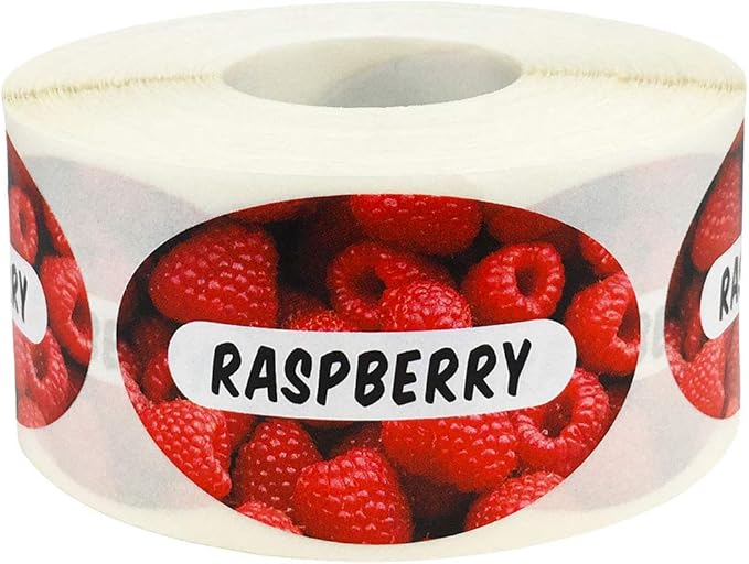 Raspberry Grocery Store Food Labels 1.25 x 2 Inch Oval Shape 500 Total Adhesive Stickers