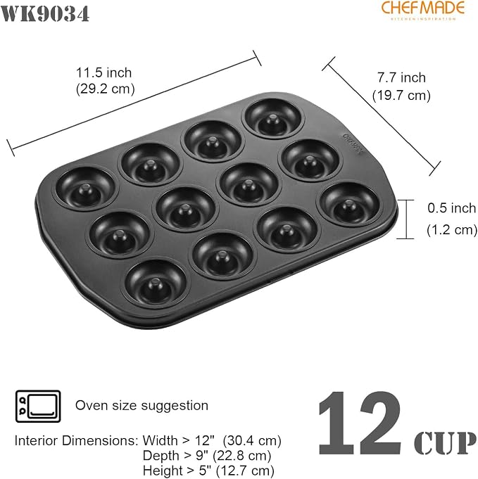 CHEFMADE Donut Pan, Nonstick Mini 12 Cavity Ring Doughnut Pan for Baking Donuts Bagels, Set of 2 (Black)