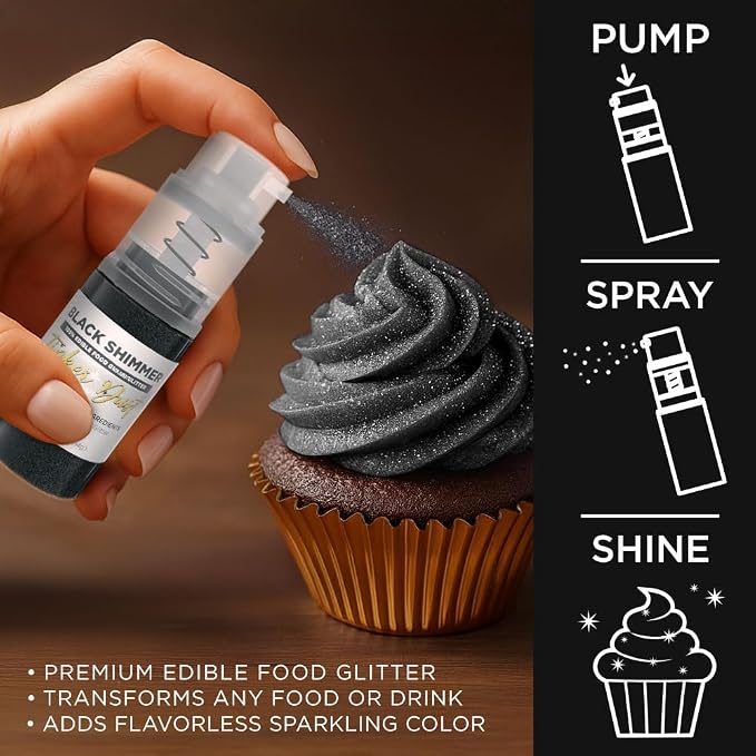 Bakell - Black Tinker Dust (4g, 1x Mini Spray Pump) Edible Glitter for Food, Desserts, and Baked Goods!