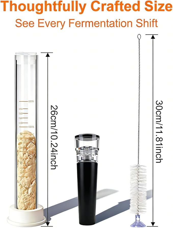 Sourdough Aliquot Jar Kit - 10 Inch Glass Rise Measuring Tube, Pump, Silicone Base & Cleaning Brush, Precision Dough Fermentation Tracker