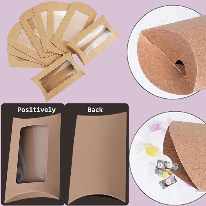 50 Pcs Pillow Gift Boxes with Windows,Kraft Paper Mini Pillow Packaging Box, Creative Favor Box Folding Treat Boxes with Clear Window for Bakery Candy Chocolate Jewelry Display Wedding Party Favor (kraft 50Pcs)