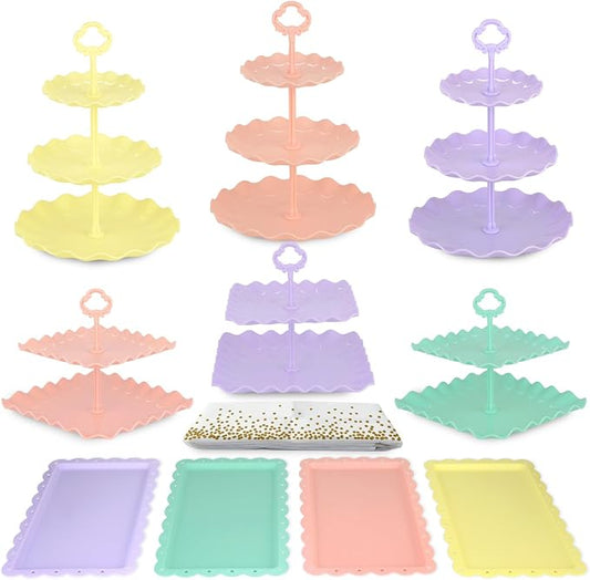 Pack of 11 NWK Cake Stand Set, with 3 x Two-Tier and 3 x Three-Tier Cupcake Stands, 4 x Appetizer Trays, 1 x Tablecloth for Birthday Bridal Baby Shower Party (Colorful)