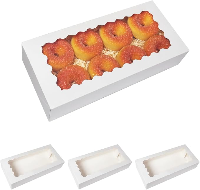 qiqee Auto-pop up Cookie Box with Window 12x5.5x2.5 Inch White 50Pcs Pastry Macaron Bakery Pie Box For Packaging