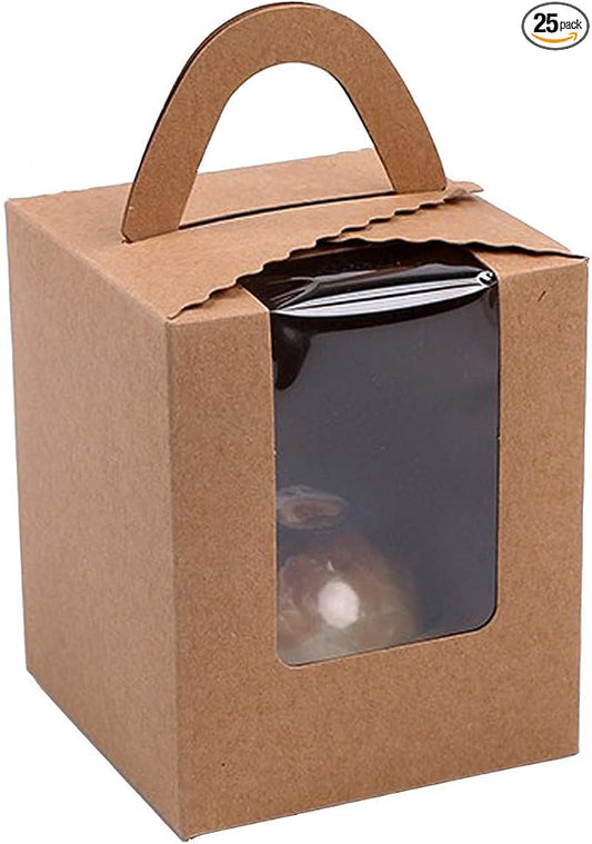 25 Pcs Single White Cupcakes Containers Gift Boxes with Window Inserts Handle for Wedding Candy Boxes (25P-Handle-Brown)