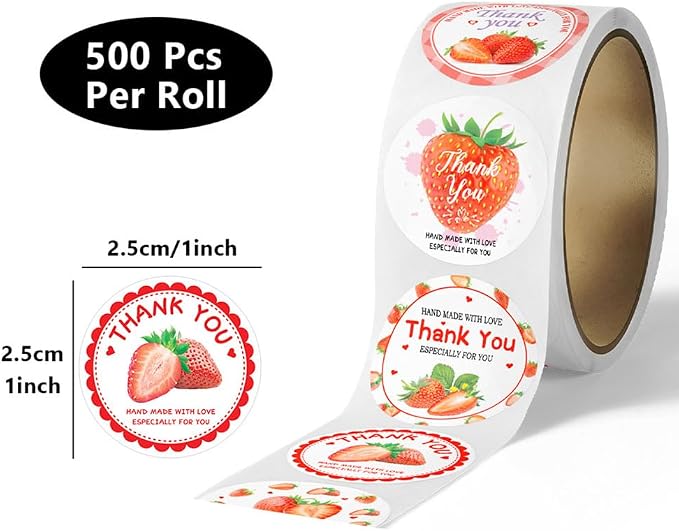500PCS Strawberry Thank You Stickers Pink Red Hand Made with Love 1 Inch Round Roll Stickers Cute Fruit Decals StrawberryThemed Birthday Party Favors Envelope Seals Cards Gift Wrapping(Strawberry)
