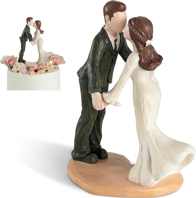 Storieme Bride and Groom Cake Topper: 5.3" Elegant Vintage Wedding Toppers for Cake - Romantic Engagement Newlyweds Kissing Resin Figurines Couple Gifts for Anniversary