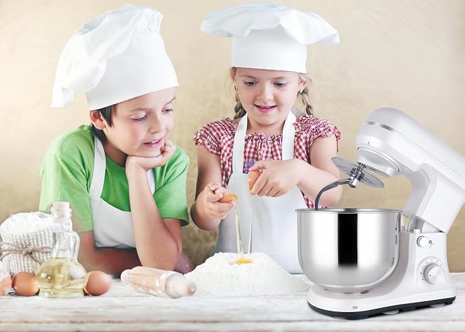 Stand Mixer 5-QT, 6+P Speed Tilt-Head Food Mixer 300W Dough Mixer with Stainless Steel Bowl,Dough Hook,Flat Beater&Whisk Electric Kitchen Mixer for Household Baking, Anti-Slip(Pearl White)