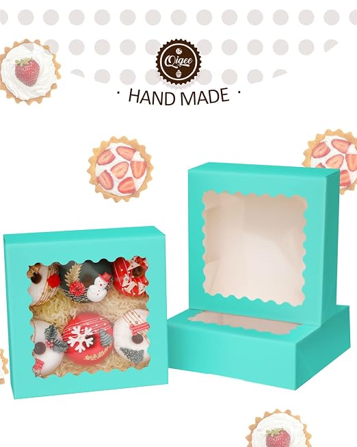 qiqee Mint Blue Pastry Box With Window 8x8x2.5 inch Donut Pie Boxes 30pcs Bakery Box Auto-pop up