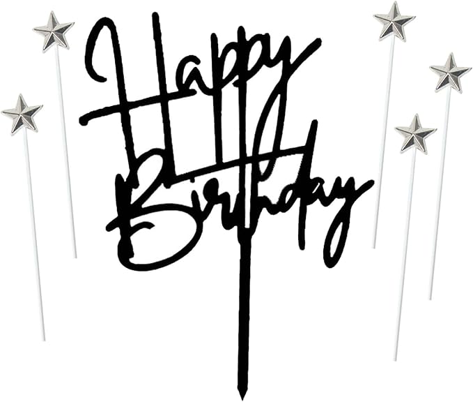 ZHENGYE Black Happy Birthday Cake Topper Acrylic Decorations And 5 Silvery Stars Cake Toppers Birthday Decoration(Black 31)