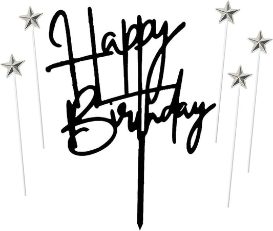 ZHENGYE Black Happy Birthday Cake Topper Acrylic Decorations And 5 Silvery Stars Cake Toppers Birthday Decoration(Black 31)