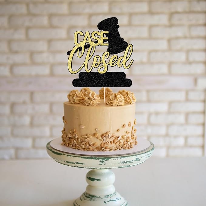 Case Closed Cake Topper - Congrats Lawyer Cake Decor - Law School/College Graduation Black Gold Glitter Party Decorations Supplies