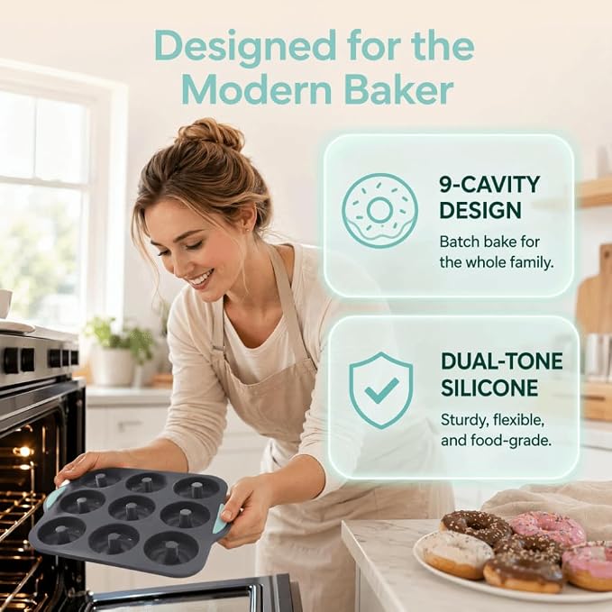 Limen Silicone Donut Baking Mould Tray, 9-Cavity Non-Stick Ring Cake Pan with Center Posts and Dual Side Handles for Oven Baking 11.5x10.12 in(Grey)
