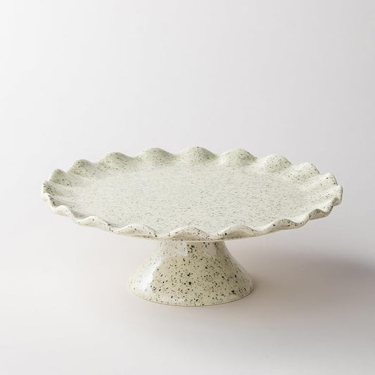Ceramic Cake Stand, Small Cake Plate for 8 Inch Cake, Vintage Cake Pedestal Stand with Ruffle Trim for Mother's Day, Cupcake Stand for Dessert Table Display, Speckled White