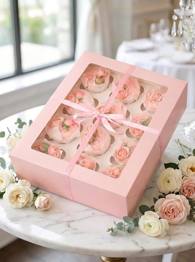 Bakepacker Auto-pop Up Cupcake Boxes with Window Pink 40PCS 12 Count Cupcake Box 13"x10"x3.5" Cupcakes Carrier, 12 Cupcake Containers with 2 rolls of pink ribbons