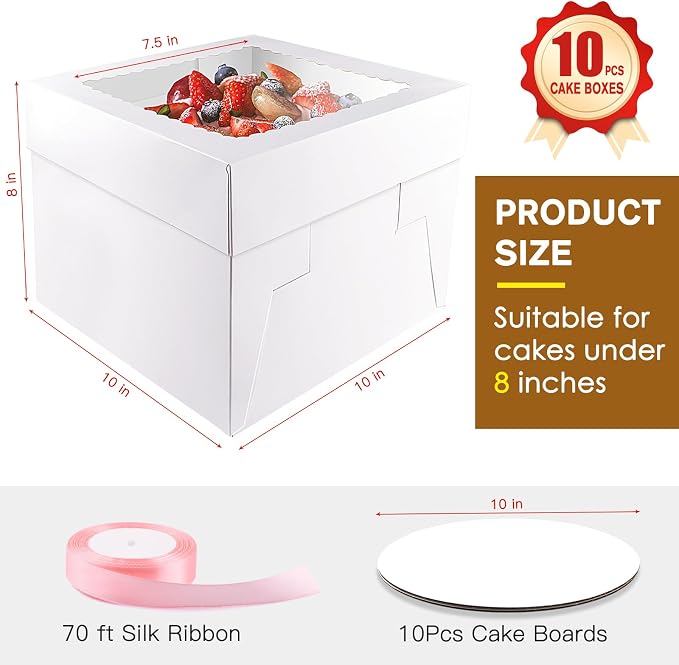 10 Pcs Cake Boxes, 10x10x8 Inches Tall Box with Lids Boards, White Bakery Boxes with Window, Square Box Boards with Lids for Cake, Donuts, Cookies, Wedding, Birthday, Party