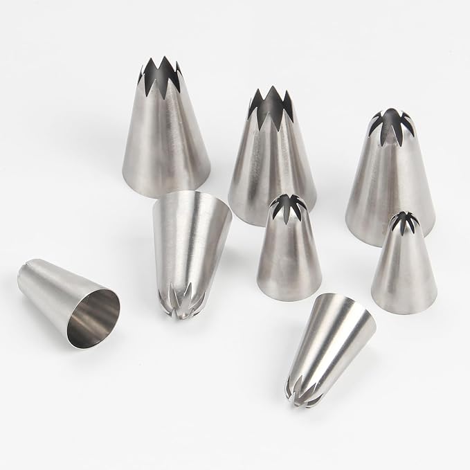 8Pcs Cookie Piping Tip Set, Stainless Steel 8-Tooth Icing Nozzles for Cake Decorating, Ideal for Cookies, Cupcakes, and Creative Frosting Designs, Includes 5 Medium and 3 Large Baking Tools