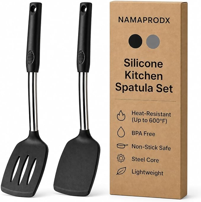 Silicone Spatula Set (2-Pc) - 600°F Heat Resistant, BPA-Free, Non-Scratch, Dishwasher Safe I Slotted & Solid Kitchen Spatula Turner I Ideal for Eggs, Pancakes, Fish I Stainless Steel I Black