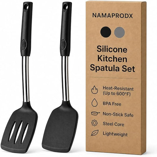 Silicone Spatula Set (2-Pc) - 600°F Heat Resistant, BPA-Free, Non-Scratch, Dishwasher Safe I Slotted & Solid Kitchen Spatula Turner I Ideal for Eggs, Pancakes, Fish I Stainless Steel I Black