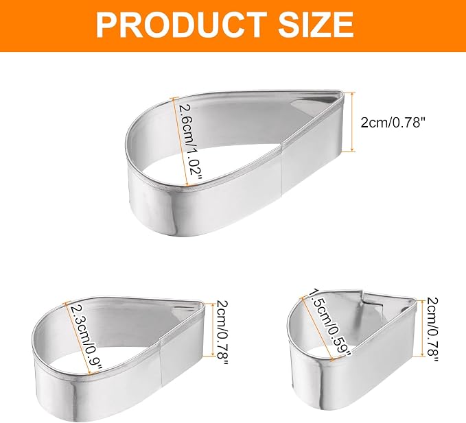 HARFINGTON 3Pcs Teardrop/Raindrop Cookie Cutters Set Assorted Sizes Stainless Steel Water-Drop Rose Flower Petal Cookie Cutters for Pastry Fondant Cake Cookie