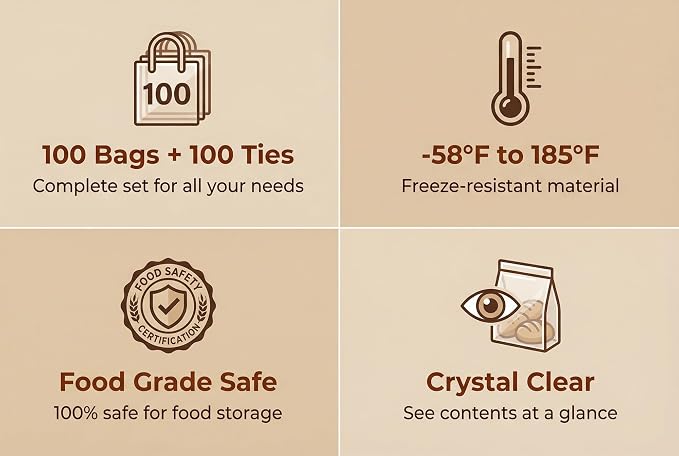 Wowfit Bread Poly Bags – Pack of 100 Entirely Transparent Clear Bakery Bags – Bread Packaging Bags with 100 Gold Twist Ties – 6x3x15-Inch Grocery Bread Bags