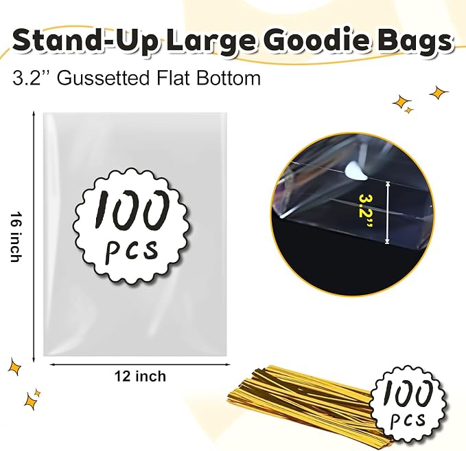 PigPotParty Cellophane Bags 12x16 Inch, 100 Pack Clear Plastic Gift Bags, Bottom Gusset for Stand-Up Display, Medium Cello Wrap for Large Goodies, Treats, Party Favors, Mugs, Includes 100 Gold Ties