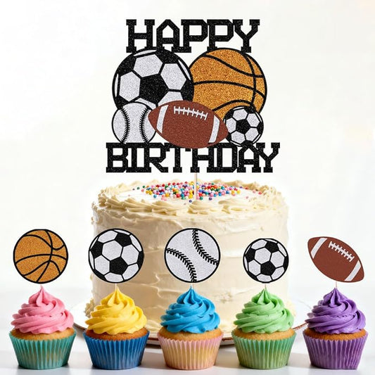 6pcs sports Happy Birthday Cake Topper， | Boys and Girls Sport Theme Party Decoration，for Ball Sports Themed Birthday Parties or Game Day Celebrations