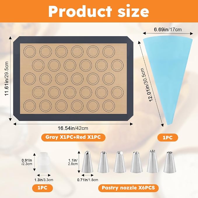 16Pcs Macaron Silicone Baking Mats Kit, Reusable Nonstick Macarons Baking Supplies Silicone Bakeware Mats with Baking Tools for Oven, Cookie, Bread(Brown,Size:16.5x11.6inch)