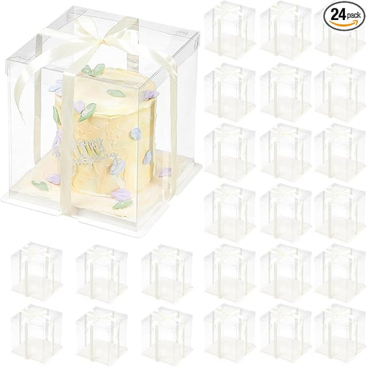 24 Pcs Clear Gift Box with Ribbon 2-Layer 10x10x10 Inch, Transparent Cake Carrier Box with Lids, PET Tall Cake Packaging Boxes, Clear Gift Boxes for Birthday,Wedding and Festival Party