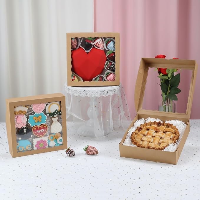 25Pack 9x9x2.5 Kraft Brown Bakery Boxes with Clear Window | Pie Boxes, For Chocolate Strawberries, Pastries, Muffins, Donuts, Cookie, Breakable Heart