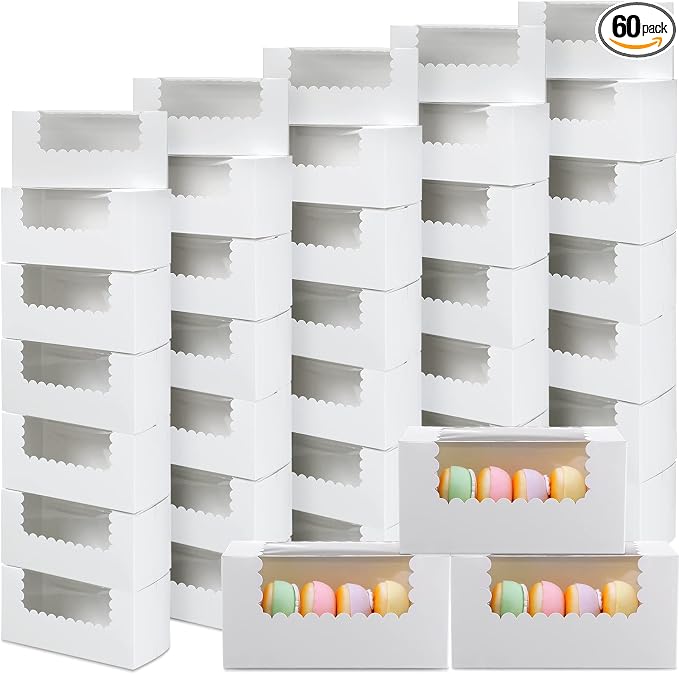 Ireer 60 pcs 8x4x4 Inch Bakery Boxes with Window Cookies Boxes Pumpkin Roll Container Donut Box Pastry Cake Packaging Safe for Cookies Loaf Muffins Breads Dessert Candies Treat (White)