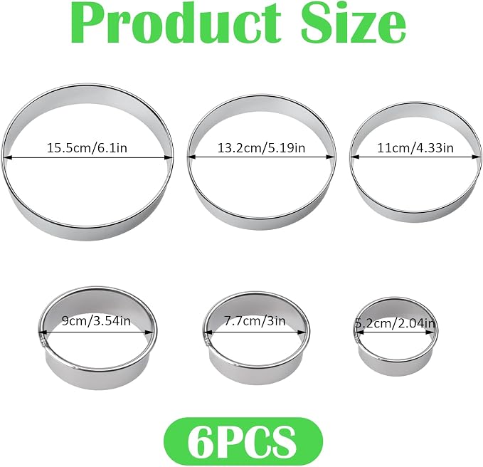 6 Pcs Round Cookie Cutter Set (2, 3, 3.5, 4, 5, 6 Inch) Metal Stainless Steel Large Circle Cookie Cutters Biscuit Cutter for Baking Tools Dough Cake Pastry Donuts Fondant Circle Cutting Ring Molds