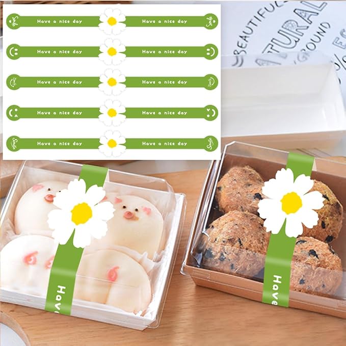 Have a Nice Day Sealing Stickers White Flower Handmade Food Bakery Stickers 150 Pcs Long Green Baking Labels