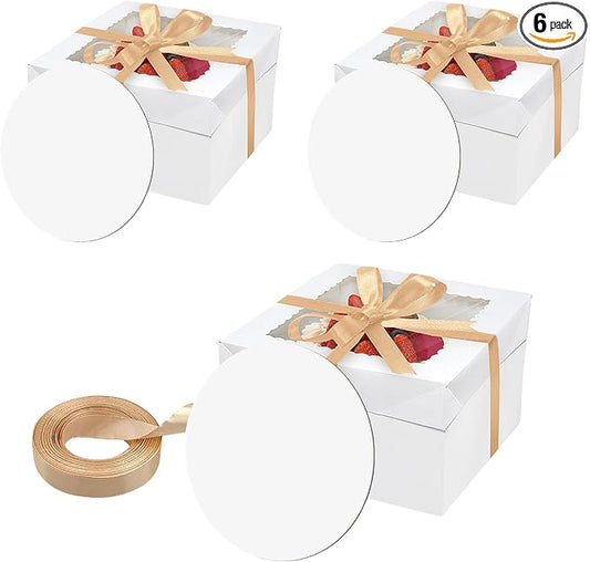 6PCS 10x10x8 Inches Cake Boxes with Boards—（3 Boxes with window & 3 Borads & 70ft Silk Ribbon） Large Square Baking Boxes