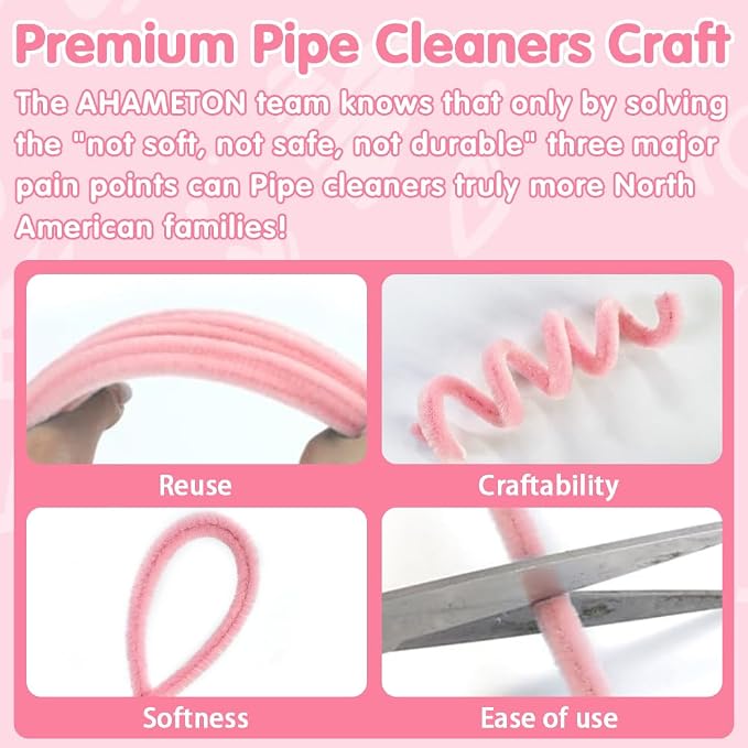 AHAMETON 620Pcs Pastel Pink Pipe Cleaner Flower Kit, 6 Colors Bulk Pipe Cleaners Craft Supplies with Wires, Stamens, Ribbon, Tapes, Card, DIY Flower Making for Gifts Home Decor, Party & School Crafts