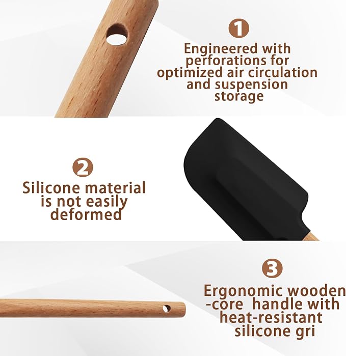 Uenhoy 5 Pack Silicone Spatula Set, Non-stick Wooden Handle Rubber Spatulas for Baking Cooking Frosting, 600°F Heat Resistant, Black