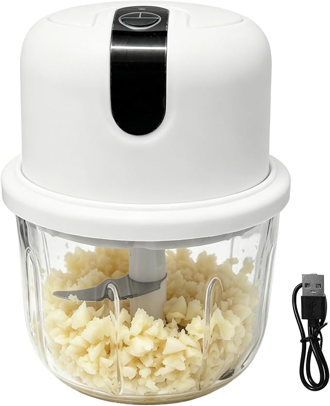Mini Electric Garlic Chopper, 350ML Glass Bowl Food Processor, USB Rechargeable/Battery Operated Mincer with 3 Stainless Steel Blades for Garlic, Ginger, Chili, Nuts, White