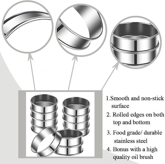 DATANYA 12Packs English Muffin Ring 3.15 Inch Crumpet Rings Stainless Steel Double Rolled Tart Rings, Round Metal Cooking Pastry Ring Molds for baking