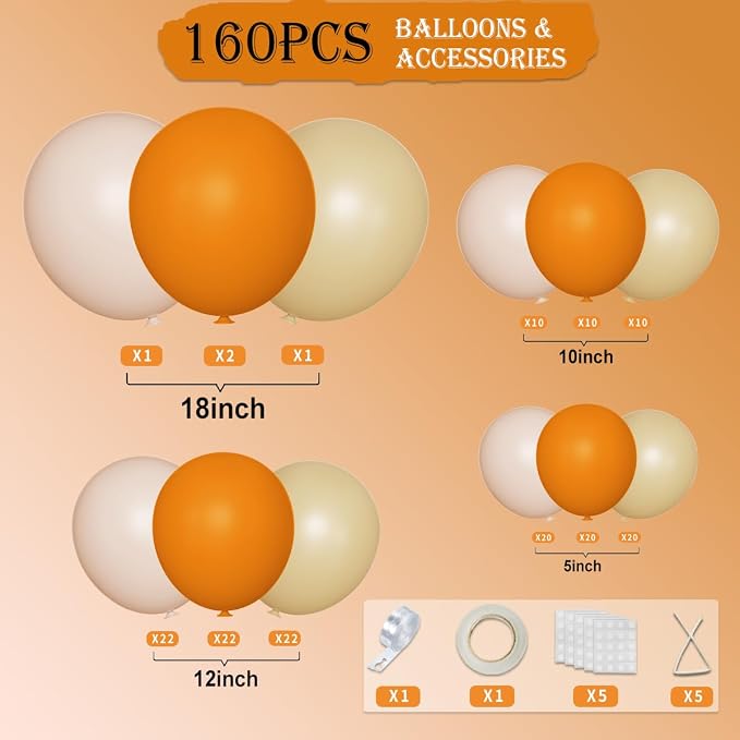 Fall Balloon Garland Arch Kit, 160Pcs Boho Burnt Orange Pastel Brown Pale Orange Balloons for Birthday, Baby Bridal Shower, Wedding Party Decorations
