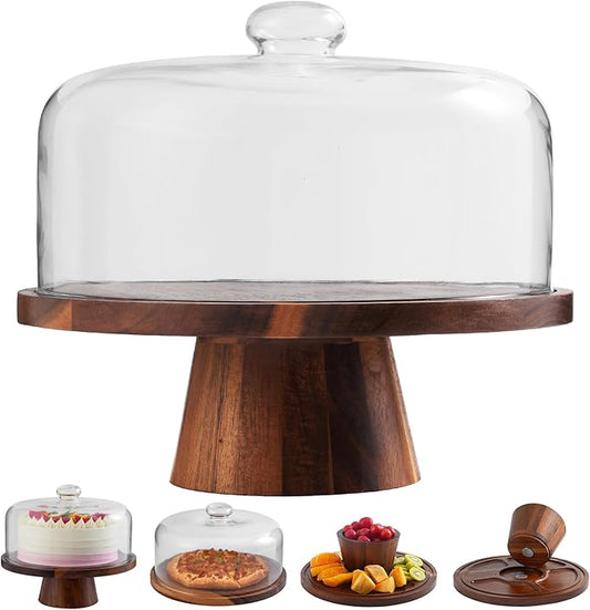 Acacia Wood Cake Stand with Glass Lid – 12" Magnetic Base, Detachable Serving Tray for Cake, Cheese, Charcuterie, Snacks & Desserts – Wooden Cake Holder for Parties & Kitchen Display