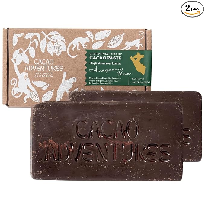 Cacao Adventures Ceremonial Cacao Block, High-Amazon Basin, 1 lb | 2 x 8 oz blocks · 90 mg/g polyphenols · Awajun-farmed wild-strain - unprocessed · Dairy-free, vegan, gluten-free