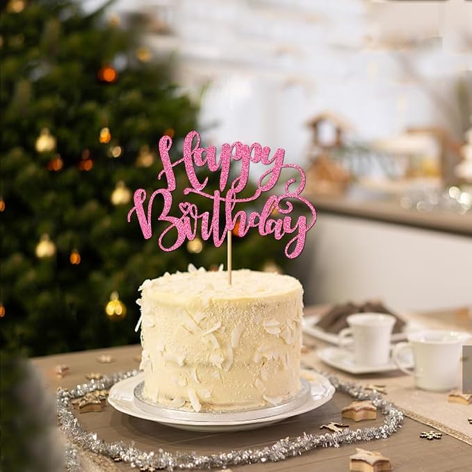 Handmade Glitter Happy Birthday Cake Topper,Birthday Party Cake Decorations, Anniversary/Birthday Party Decoration Supplies (Pink)