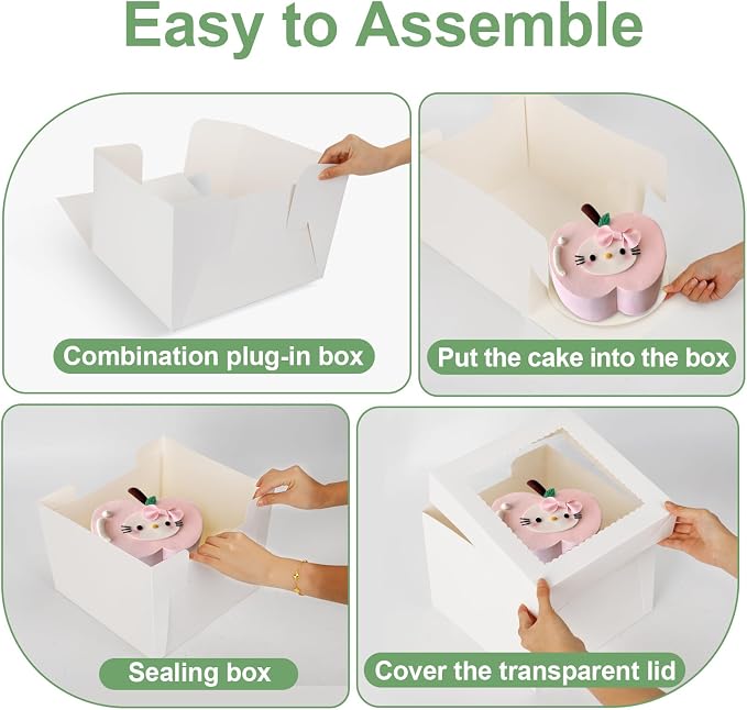 6 Pack Cake Boxes, 10x10x8 Inches Tall Cake Box with Cake Boards, White Bakery Boxes with Large Window, Disposable Cakes Transport Containers with Lids, for Cookies, Pies, Wedding, Birthday
