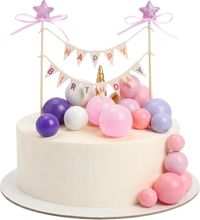 31 Pcs Happy Birthday Cake Topper Cake Bunting Topper Banner with Wood Pole Rainbow Garland with Bow Ribbon Balloon, Mini Cupcake Decor for Birthday Baby Shower (Purple,Pink,Blue)